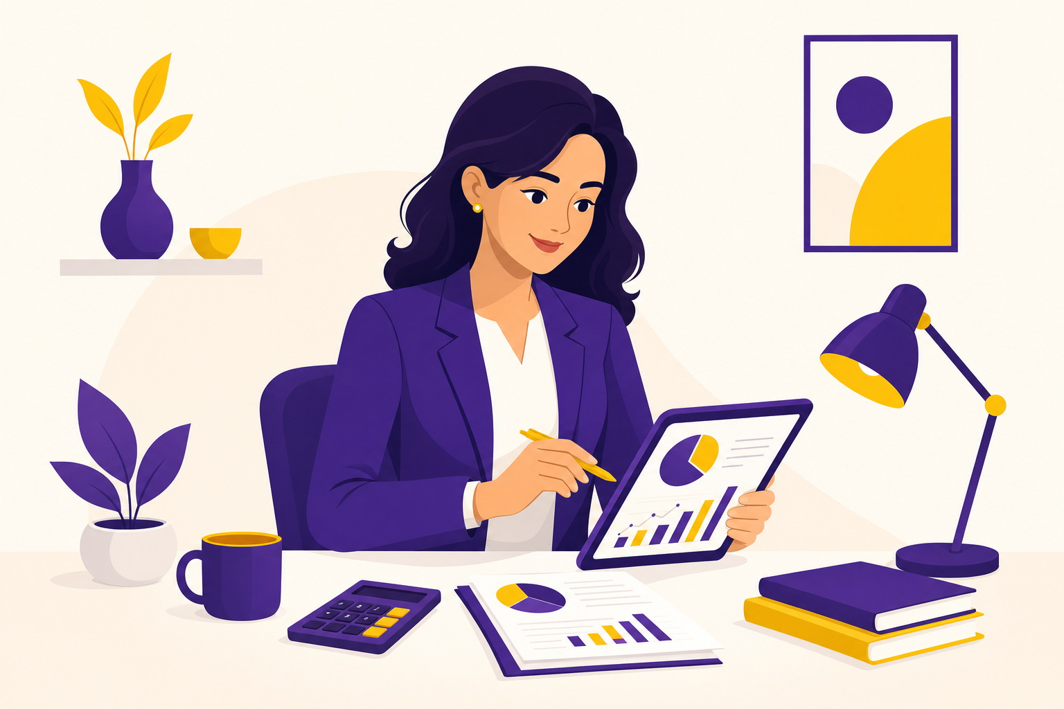 Illustration of AAnmol Kaur, Managing Director of Alltime Bookkeepers, reviewing financial charts on a tablet